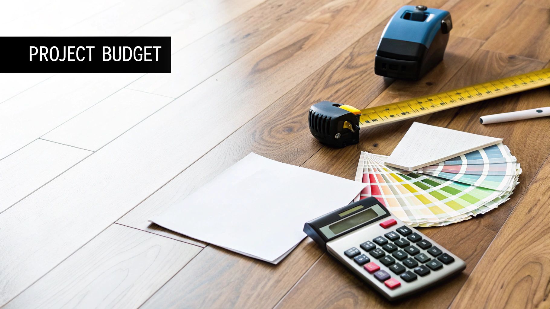 Tools for home renovation planning, including a calculator, tape measure, color swatches, and budget documents.