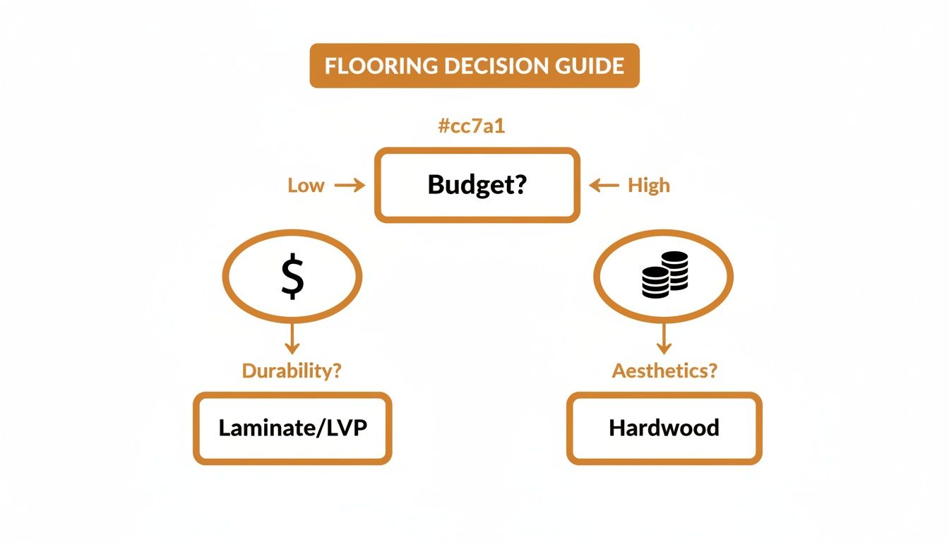 A flooring decision guide flowchart based on budget, durability, and aesthetics for home improvement.