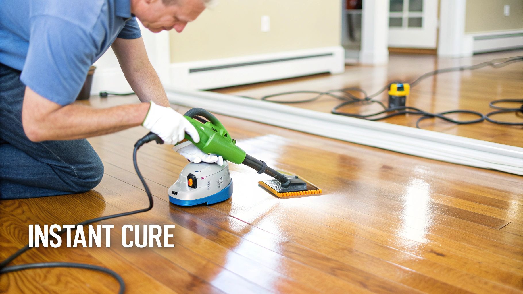 Kneeling man using a UV light tool to instantly cure polyurethane on a wood floor.
