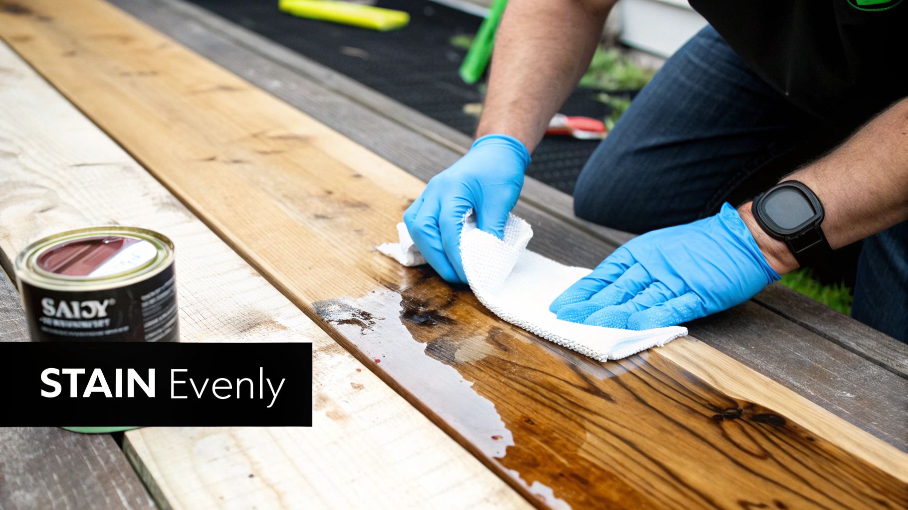 A person in blue gloves applies wood stain evenly onto a wooden plank with a white cloth, a can of stain nearby.