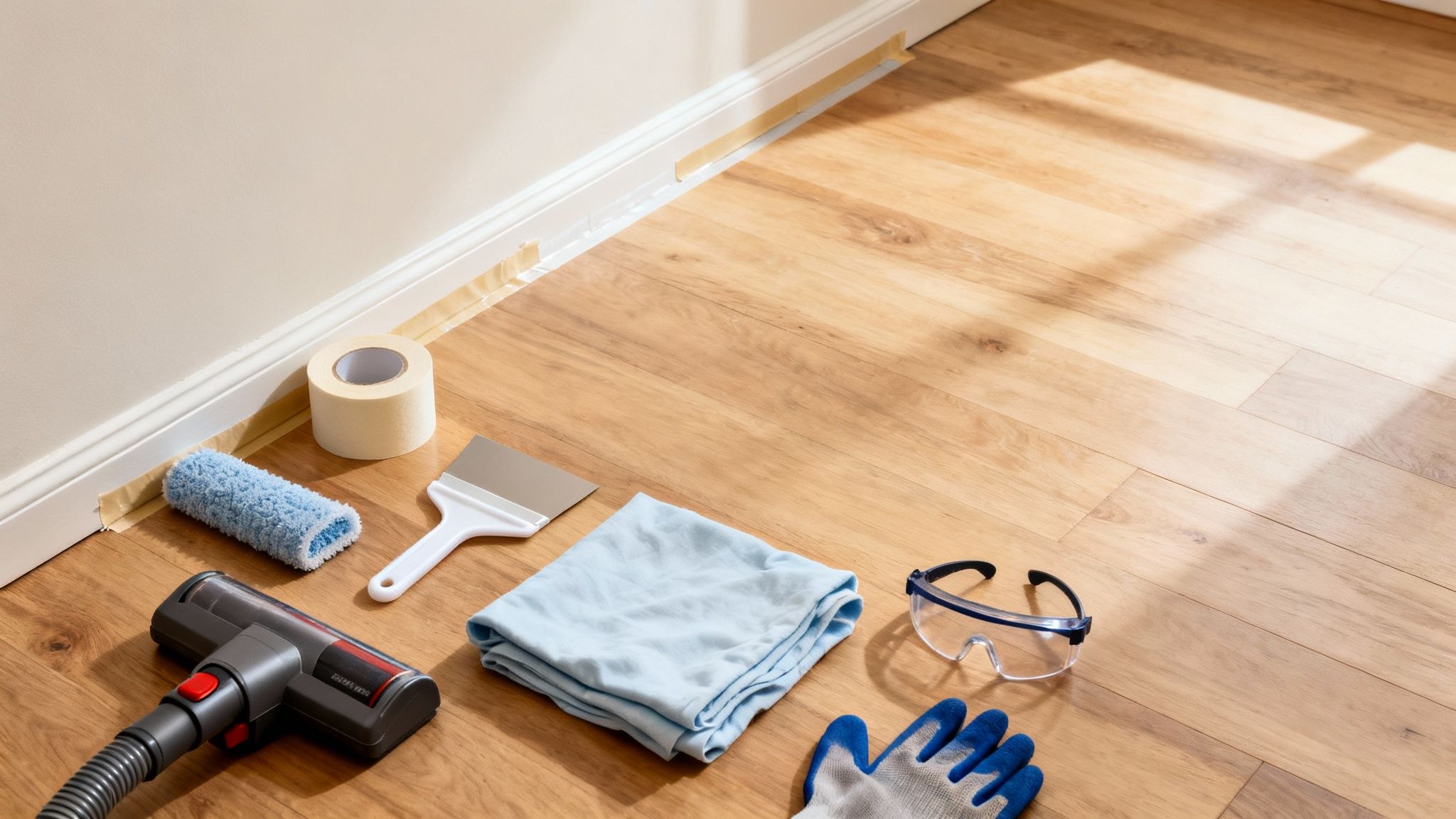 Various tools like masking tape, scraper, vacuum head, cloth, and safety glasses on a wood floor.
