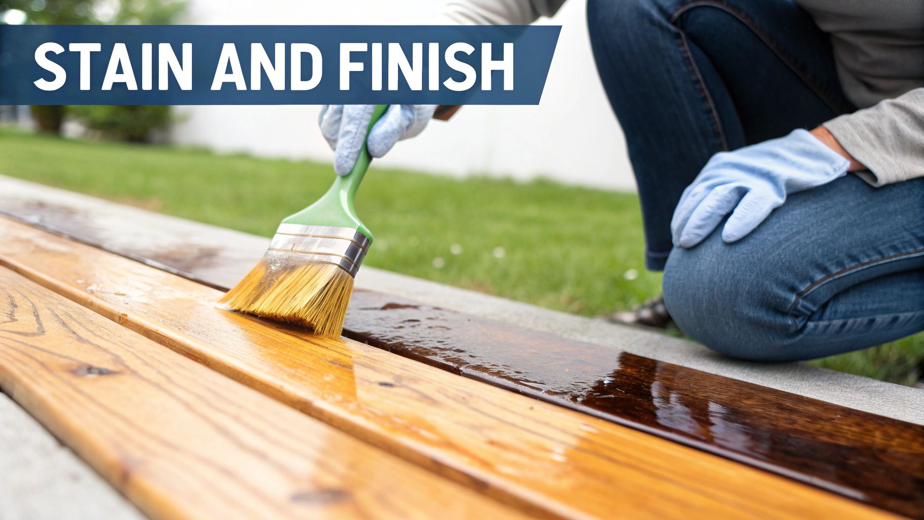Person wearing light blue gloves applies wood stain or finish to outdoor wooden planks with a brush.