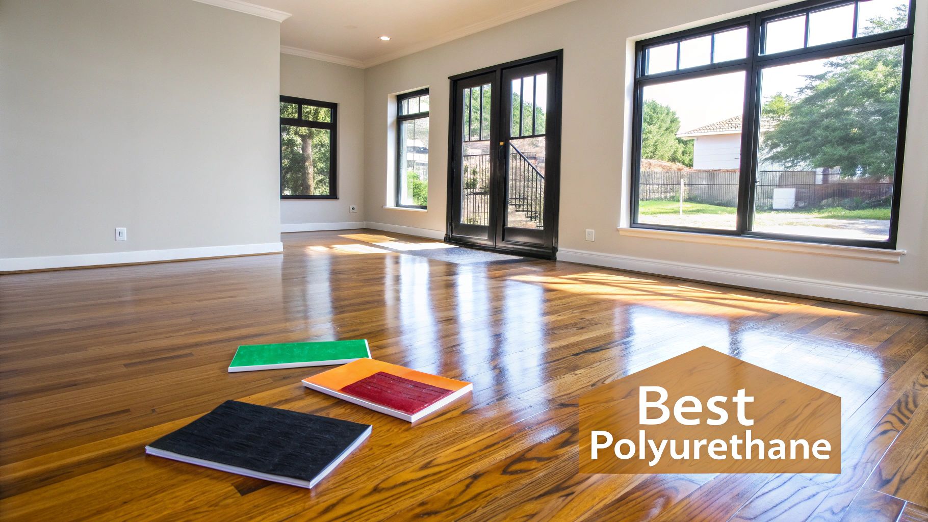A bright, empty room showcasing gleaming hardwood floors with colorful samples for finishes.