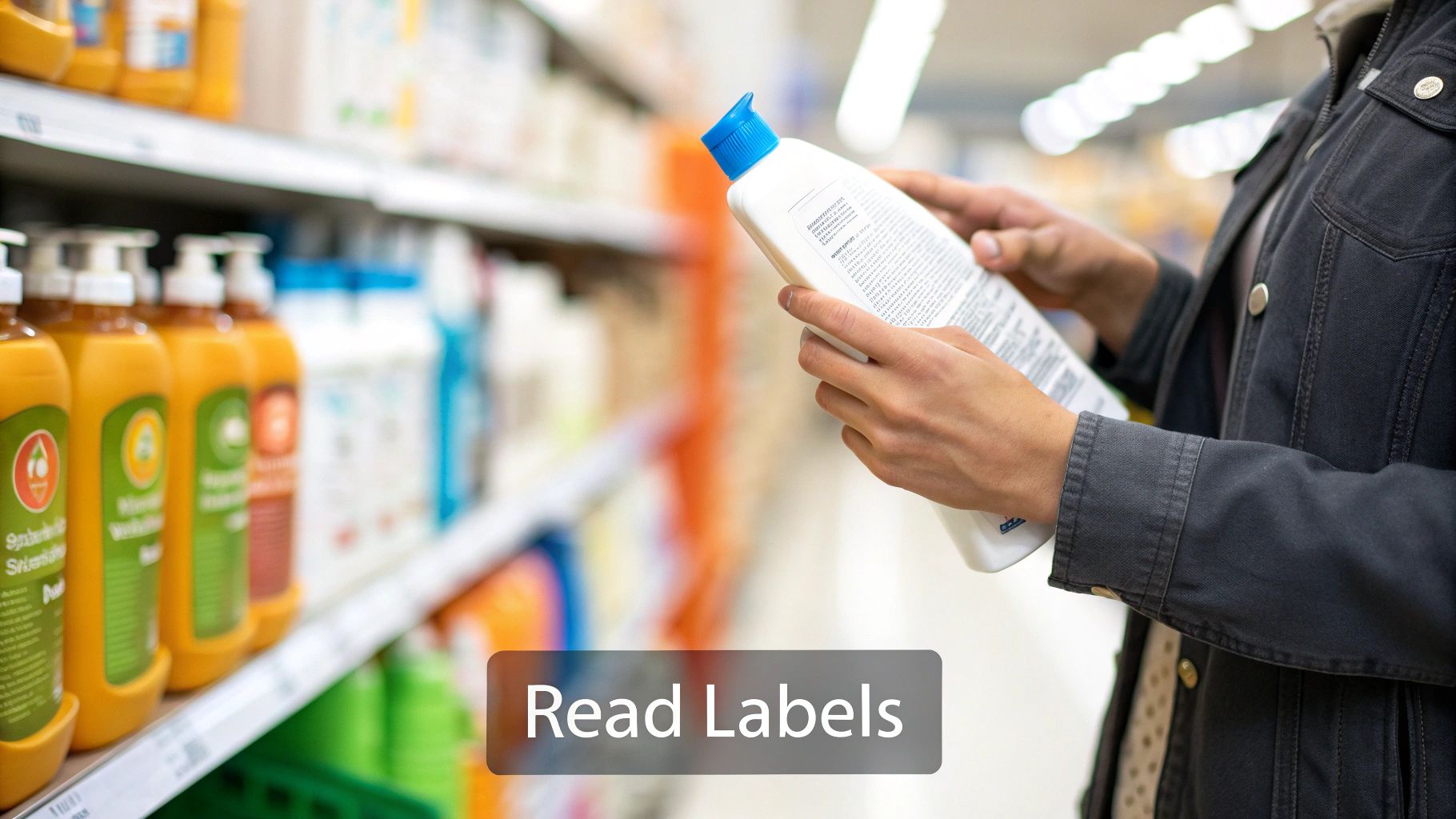 Person carefully reading a product label on a white bottle in a store aisle.