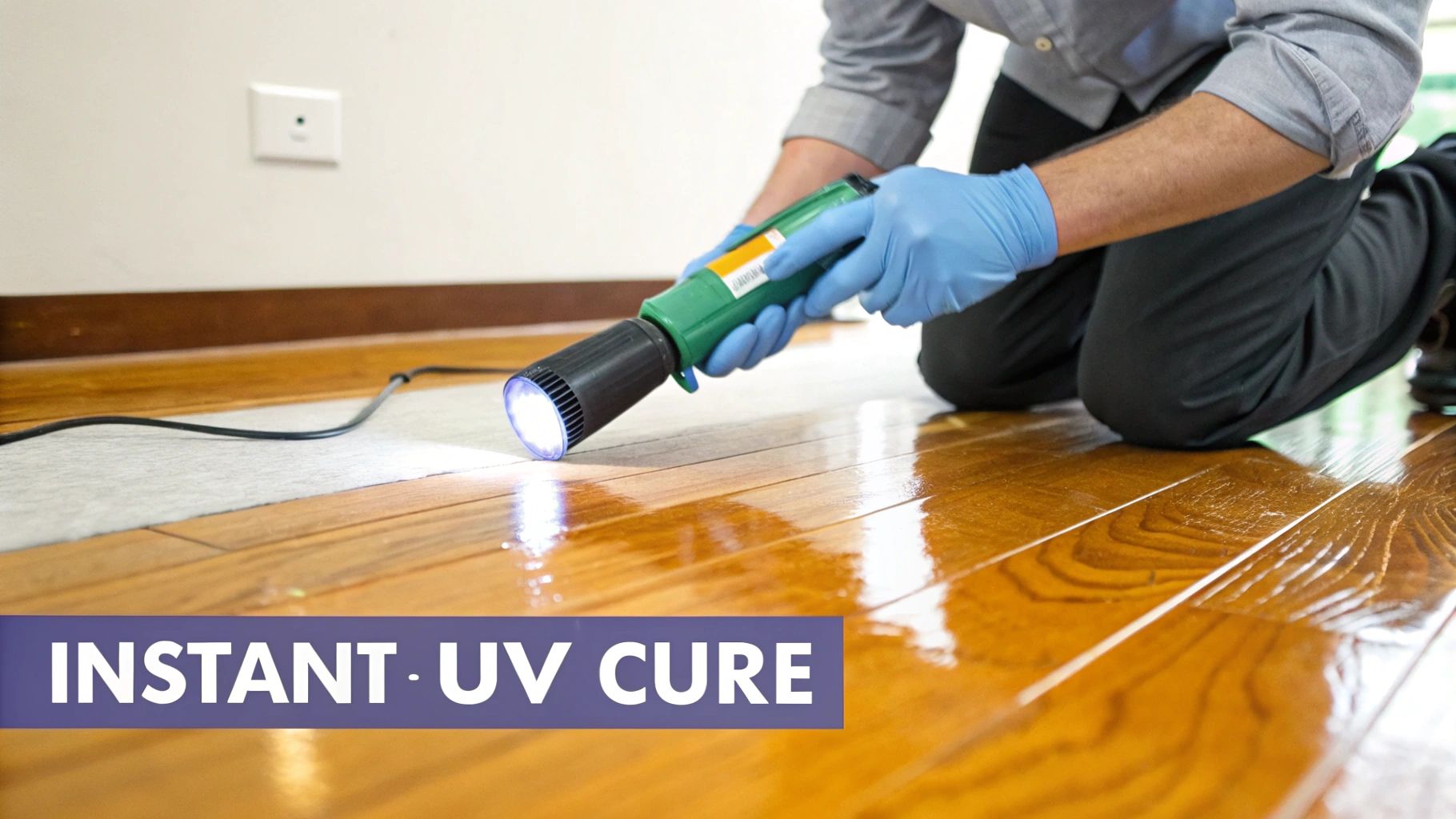 Person in blue gloves uses a UV light device to instantly cure a shiny finish on a wooden floor.