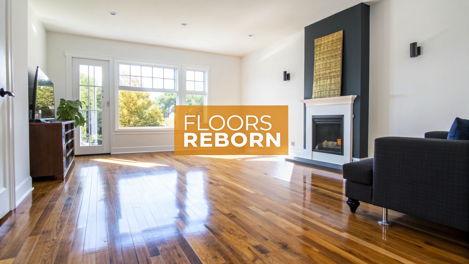 Bright living room with gleaming hardwood floors, a modern fireplace, and large windows.