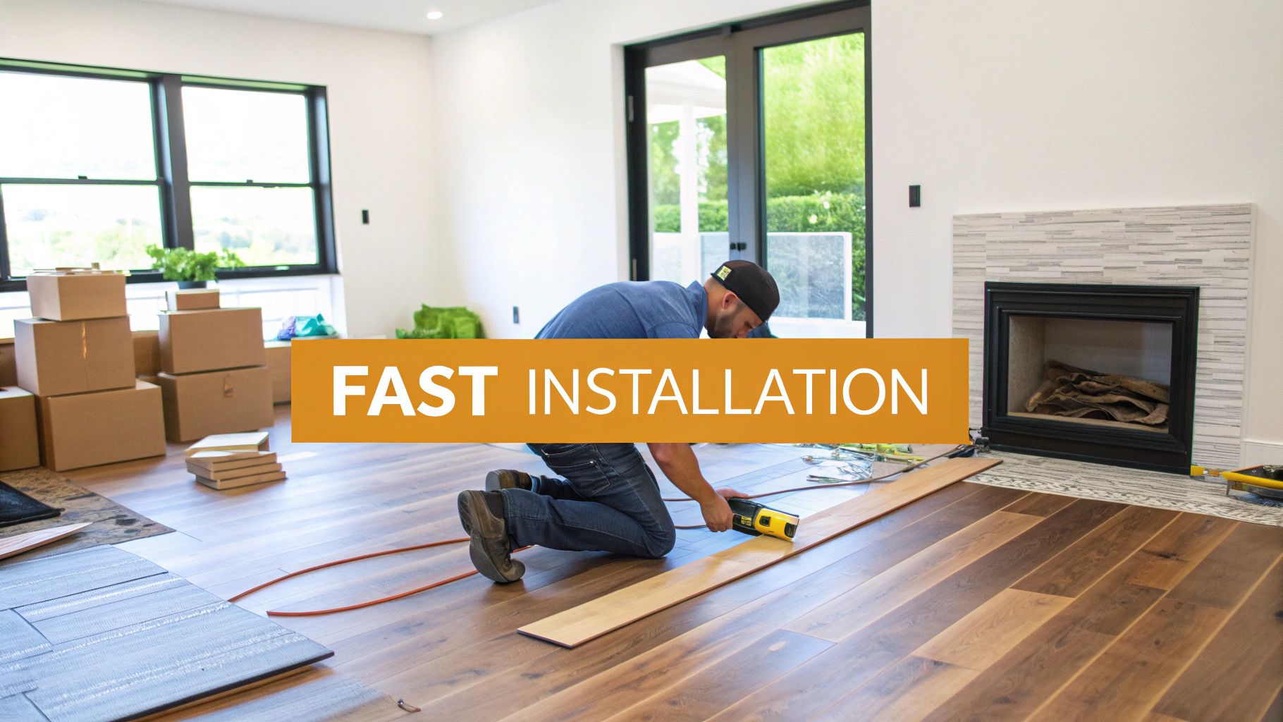 A man installing prefinished hardwood floors in a modern room, with text overlay 'FAST INSTALLATION'.
