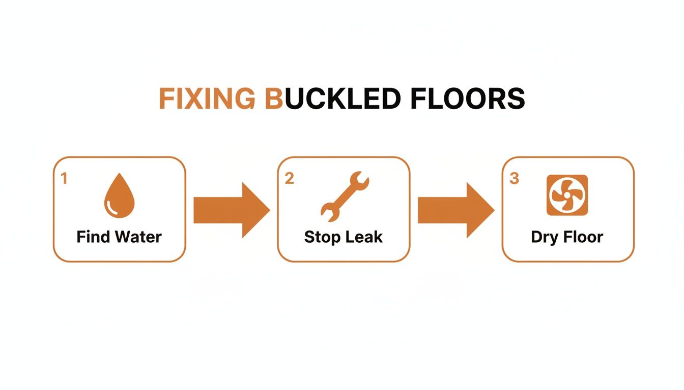 A three-step process infographic for fixing buckled floors: find water, stop leak, and dry floor.