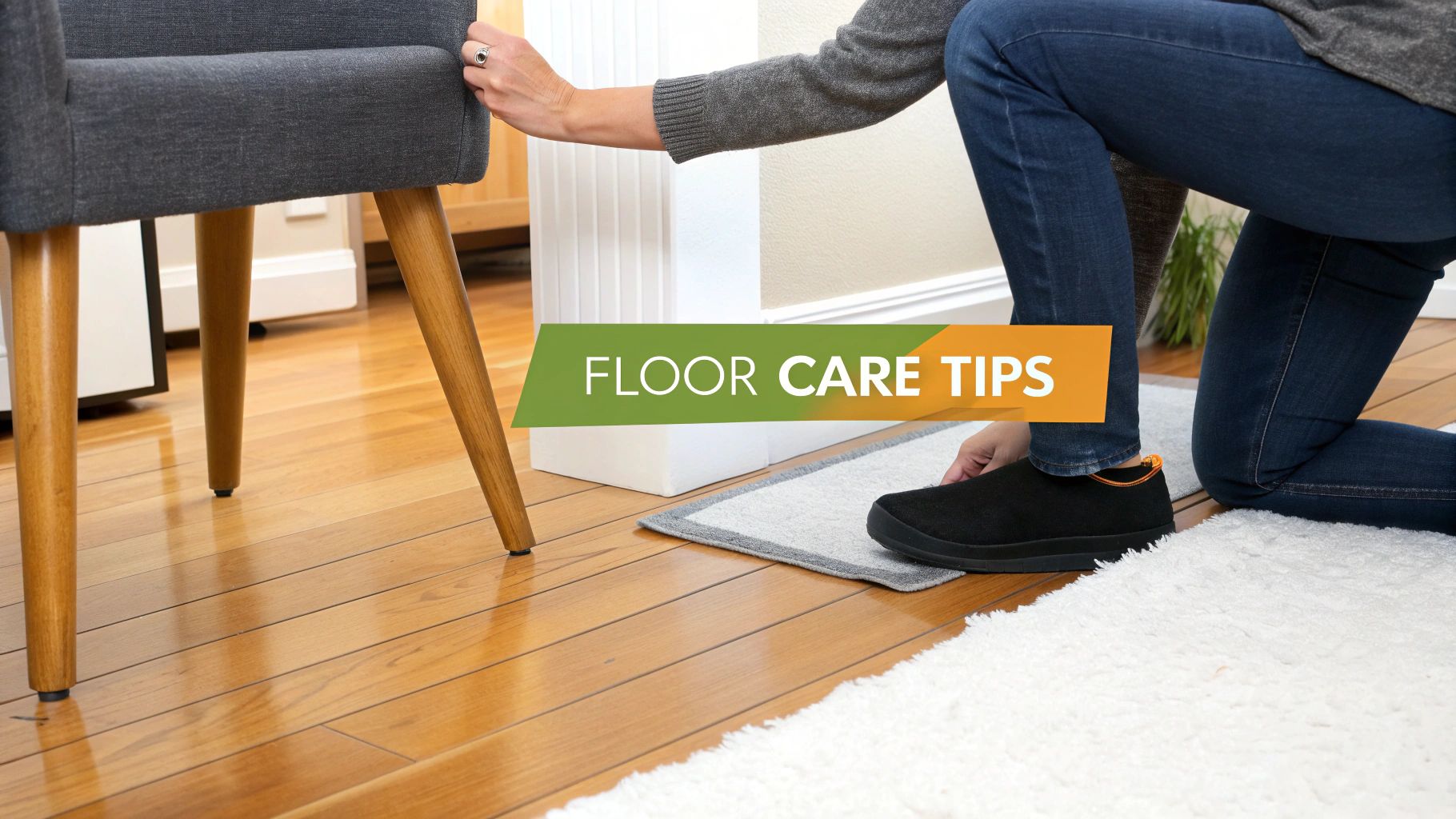 A person on knees adjusts a mat on a glossy hardwood floor, promoting floor care tips.