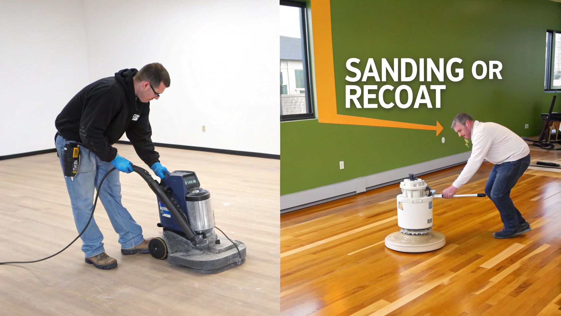 Two men demonstrate hardwood floor sanding and recoating processes for floor maintenance.