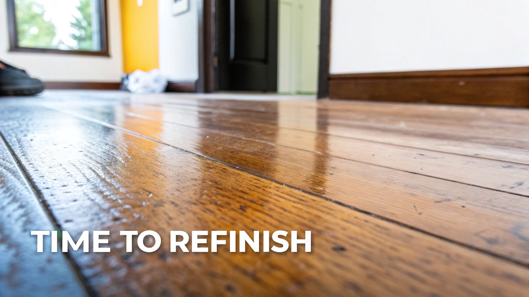 Close-up of worn and shiny hardwood floors in a home, needing to be refinished.