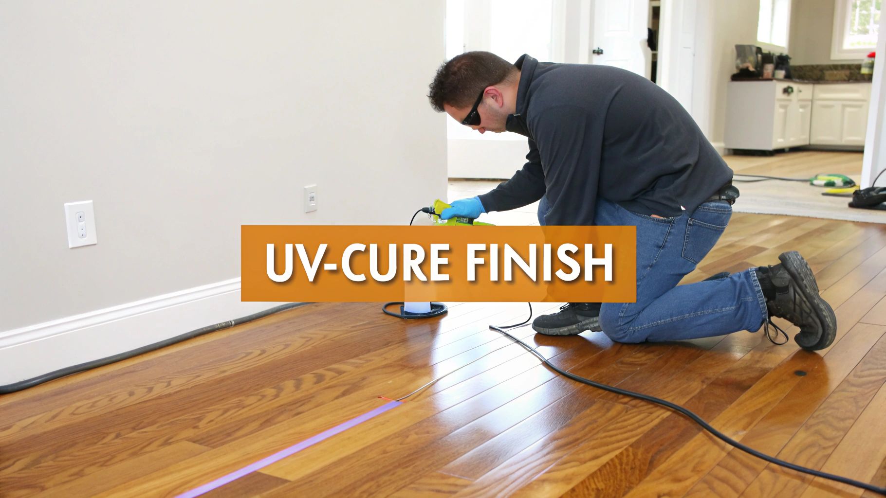 Man kneeling, applying UV-cure finish to a polished wooden floor using a specialized tool.