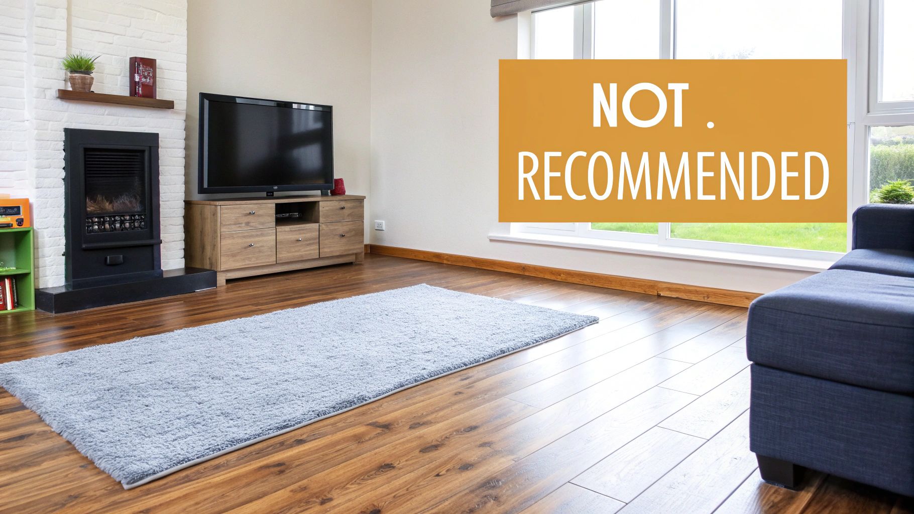 A modern living room featuring wood laminate flooring, a grey rug, a fireplace, and a television.