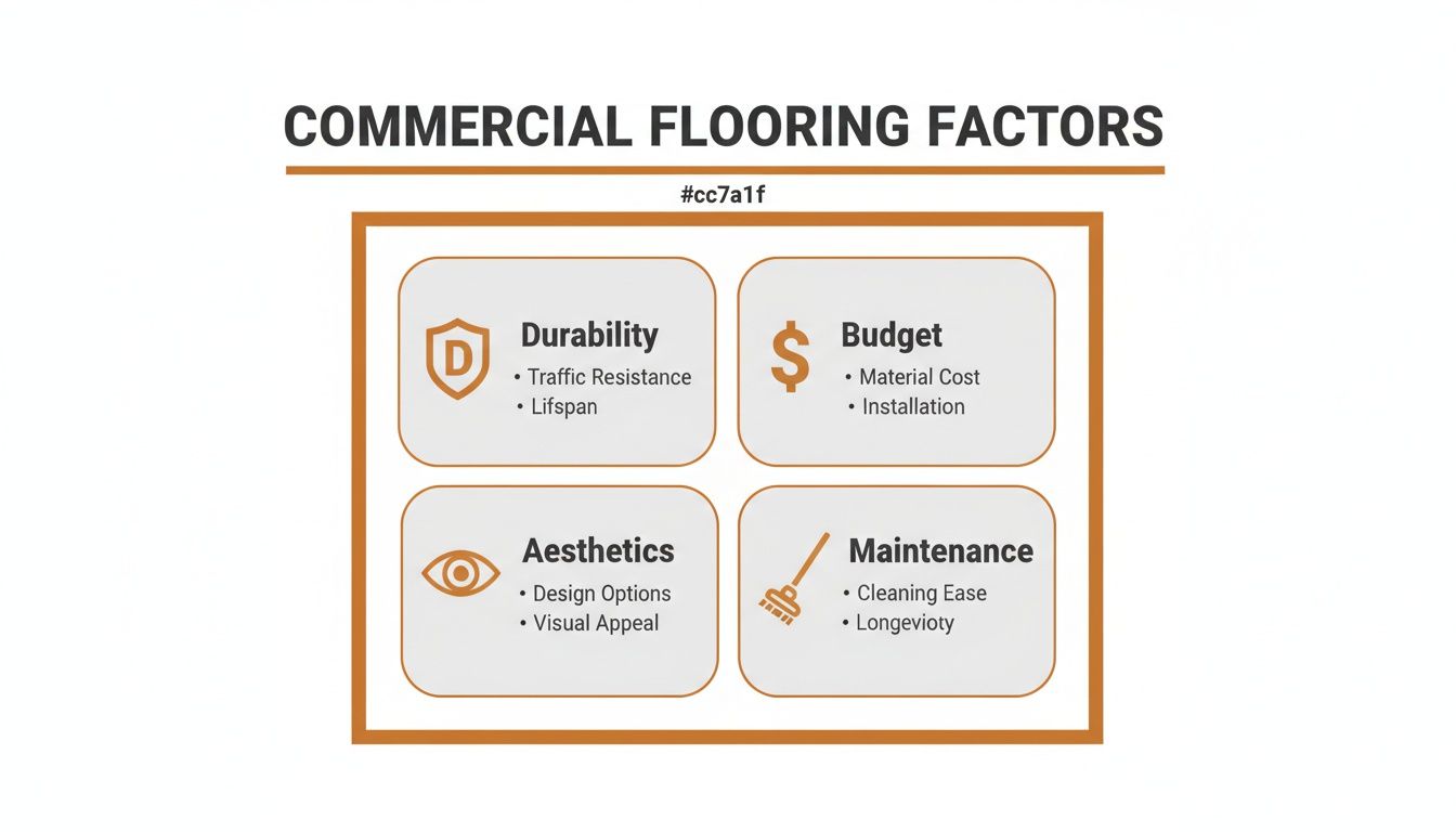 An infographic detailing four key factors for commercial flooring: durability, budget, aesthetics, and maintenance.