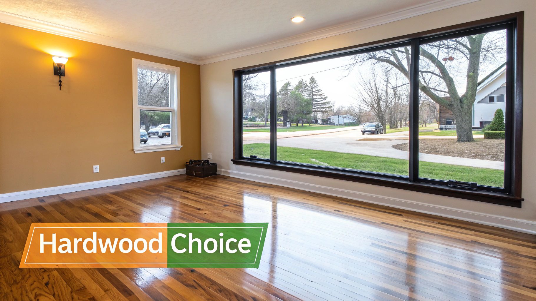 A bright, empty room featuring shiny hardwood floors, light yellow walls, and large windows overlooking a suburban street.
