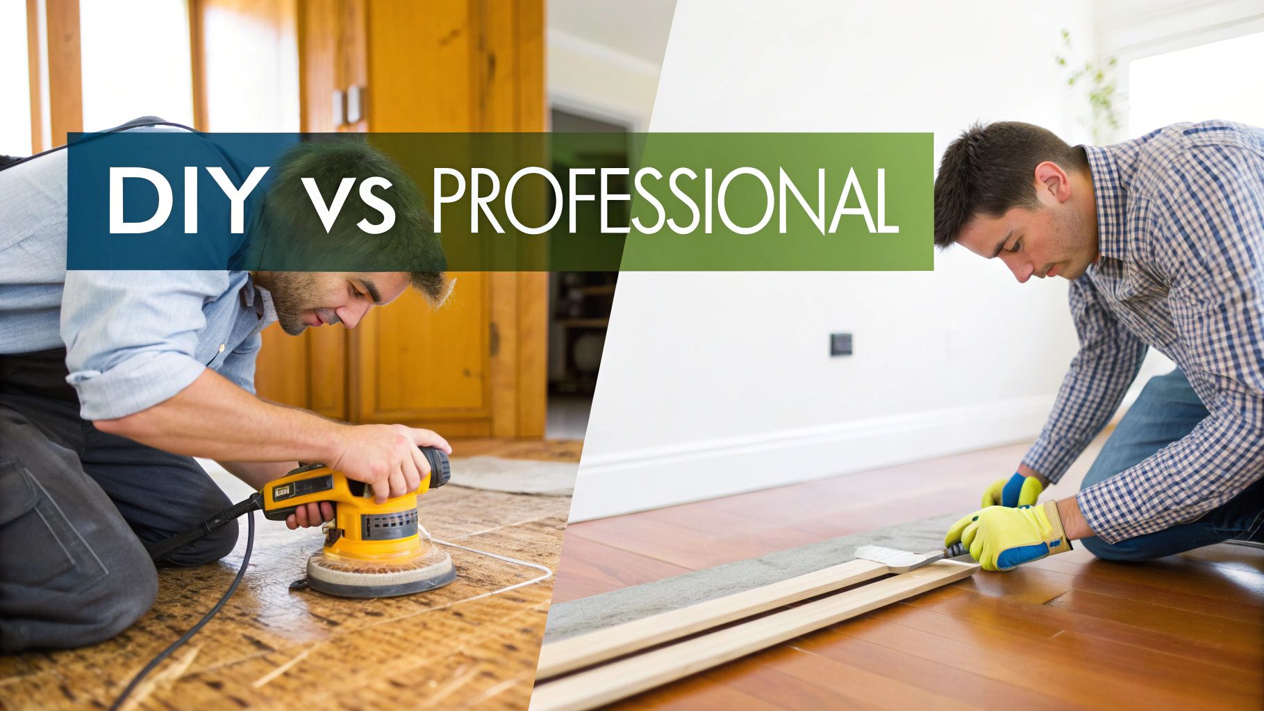 Two men working on wooden floors, comparing DIY sanding with professional installation.
