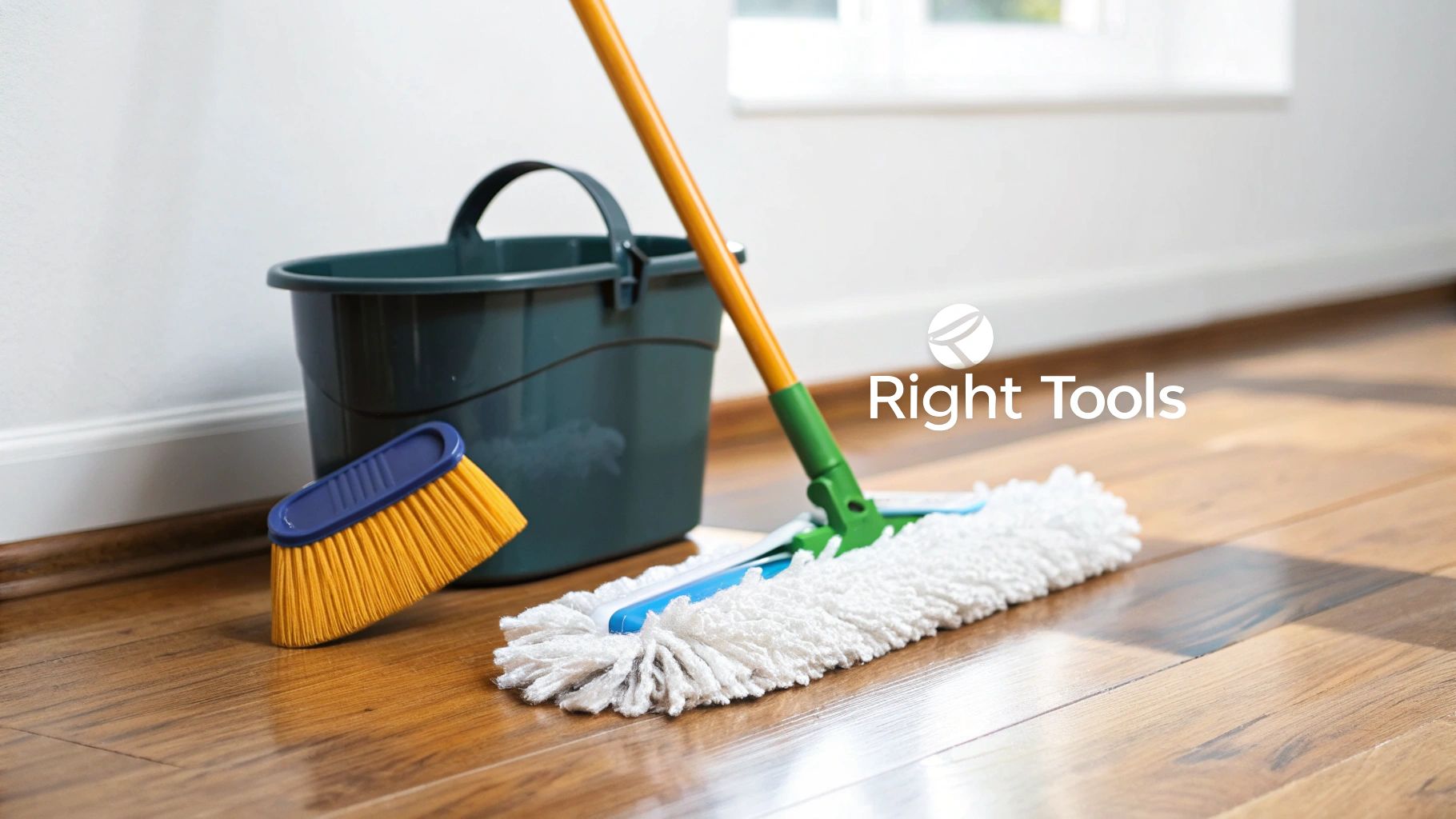 A collection of cleaning tools including a bucket, a brush, and a mop on a hardwood floor.