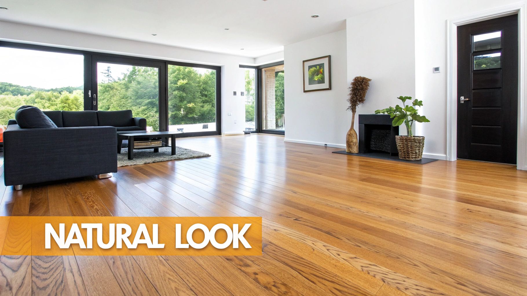 A bright living room featuring a dark gray sofa, light wooden floors, and large windows with a green view.