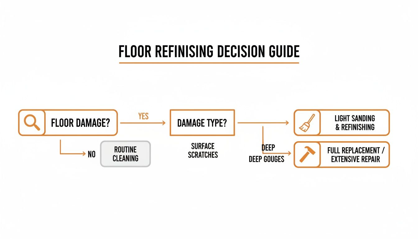 Flowchart outlining floor refinishing decisions based on damage type: routine cleaning, light sanding, or full replacement.