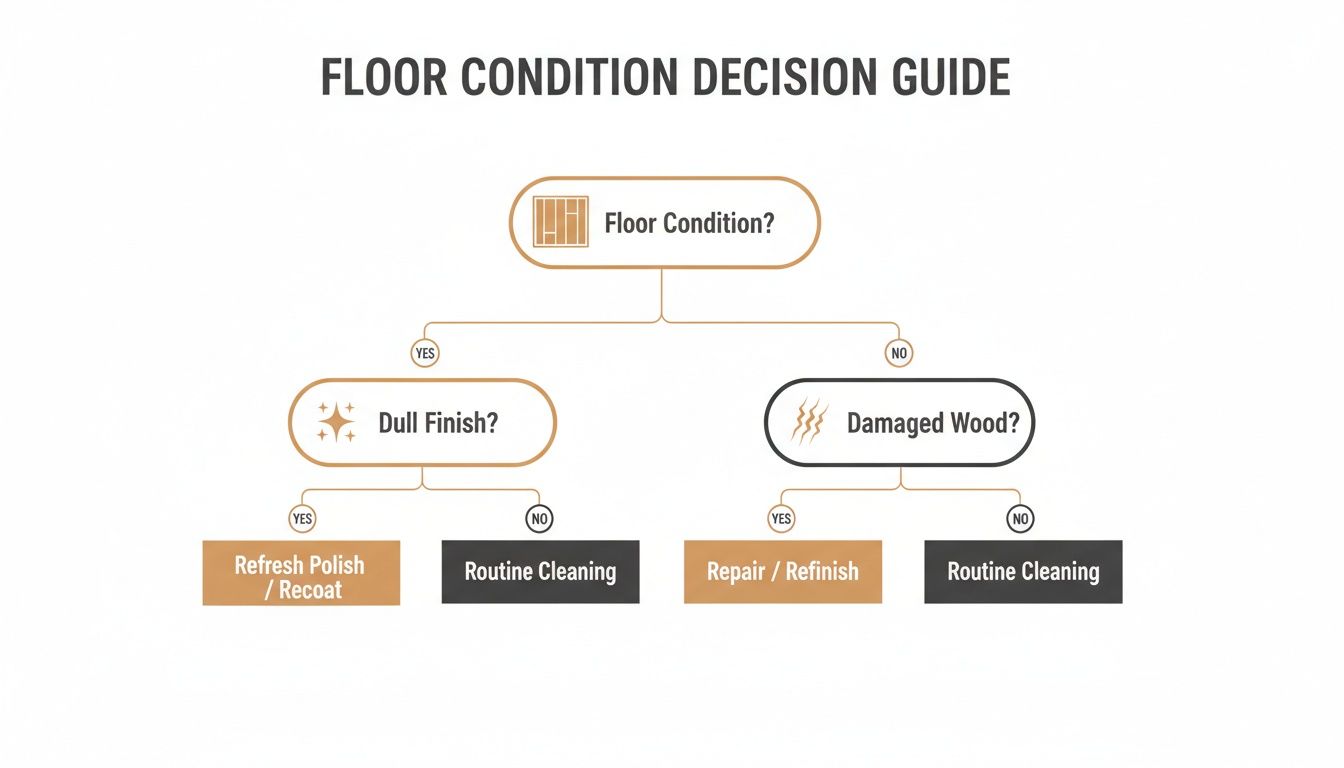 A floor condition decision guide flowchart helping determine if to refresh, repair, or clean floors.