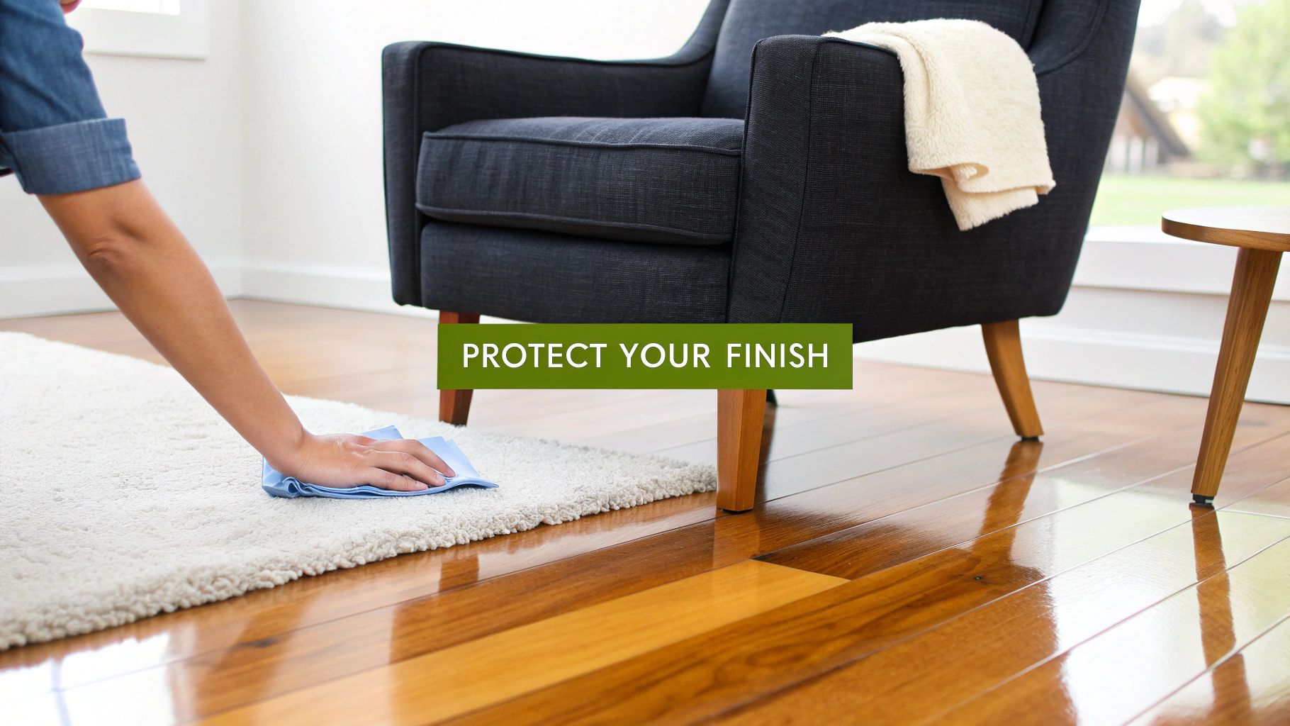 Hand cleaning a rug on a glossy hardwood floor next to a chair, text reads "PROTECT YOUR FINISH".