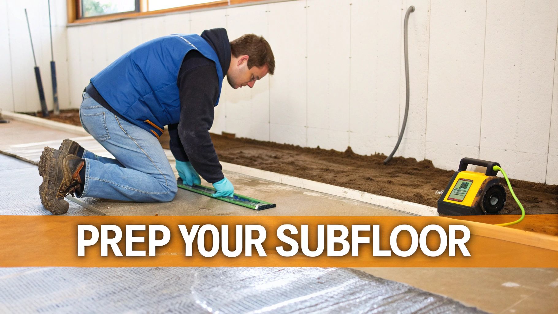A man kneels wearing a blue vest and gloves, leveling a subfloor in a basement during renovation.