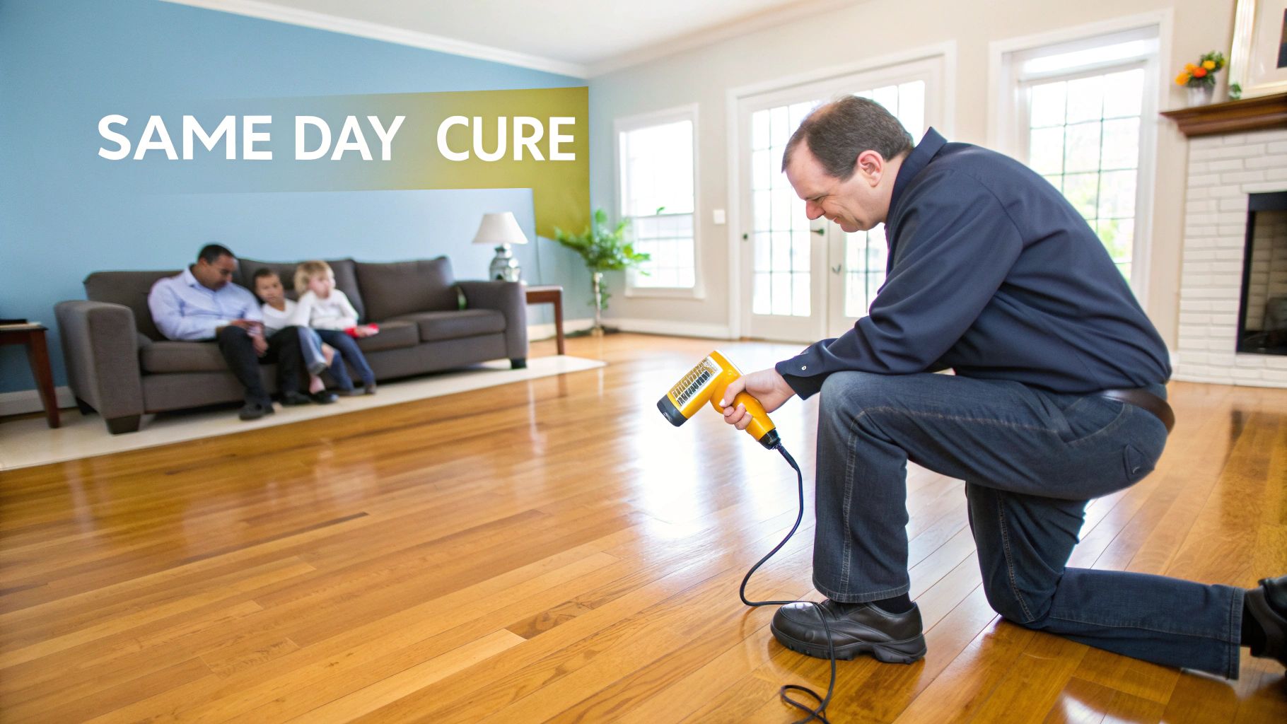 A man uses a specialized tool on a wooden floor, while a family relaxes on a couch in the background. Text 'SAME DAY CURE' is on the wall.