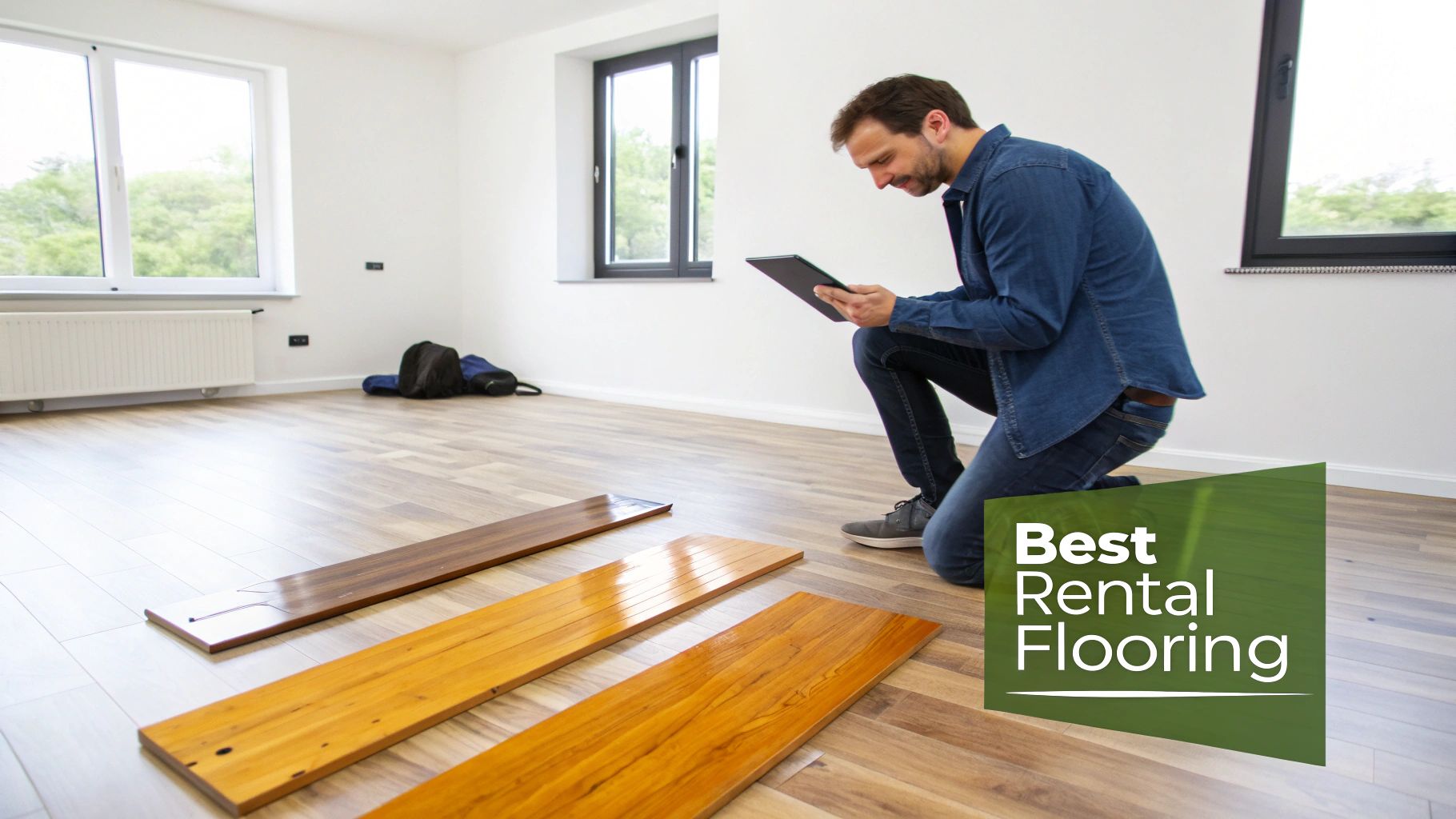 A man kneels in an empty room, comparing wooden flooring samples on his tablet.