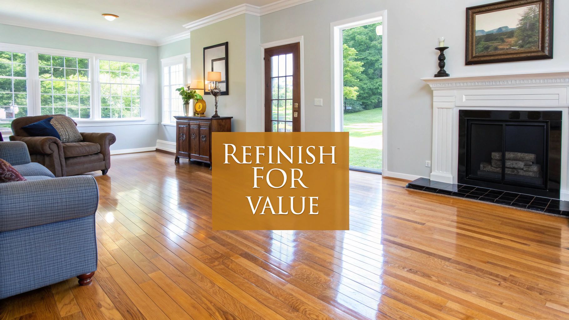 A bright living room with shiny hardwood floors, a fireplace, and large windows. Text: Refinish for Value.