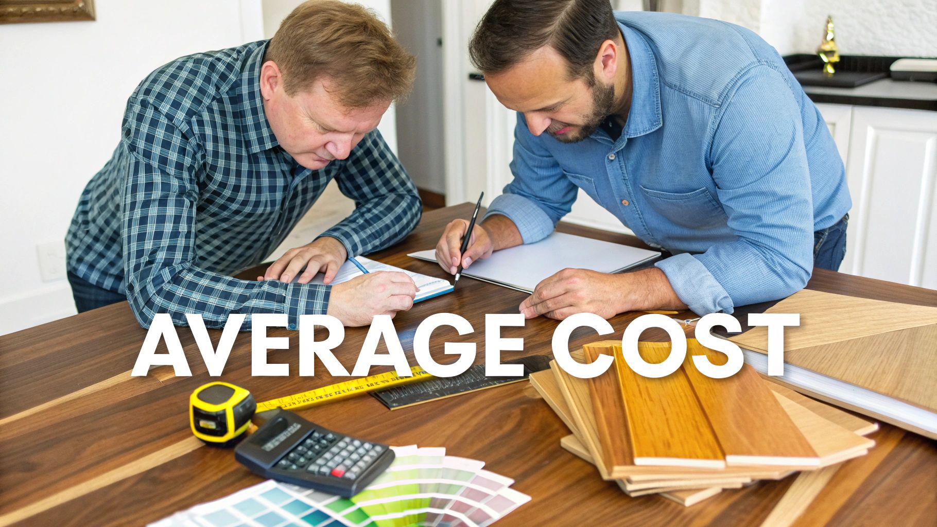 Two men reviewing documents and wood samples, calculating average costs for home renovation.