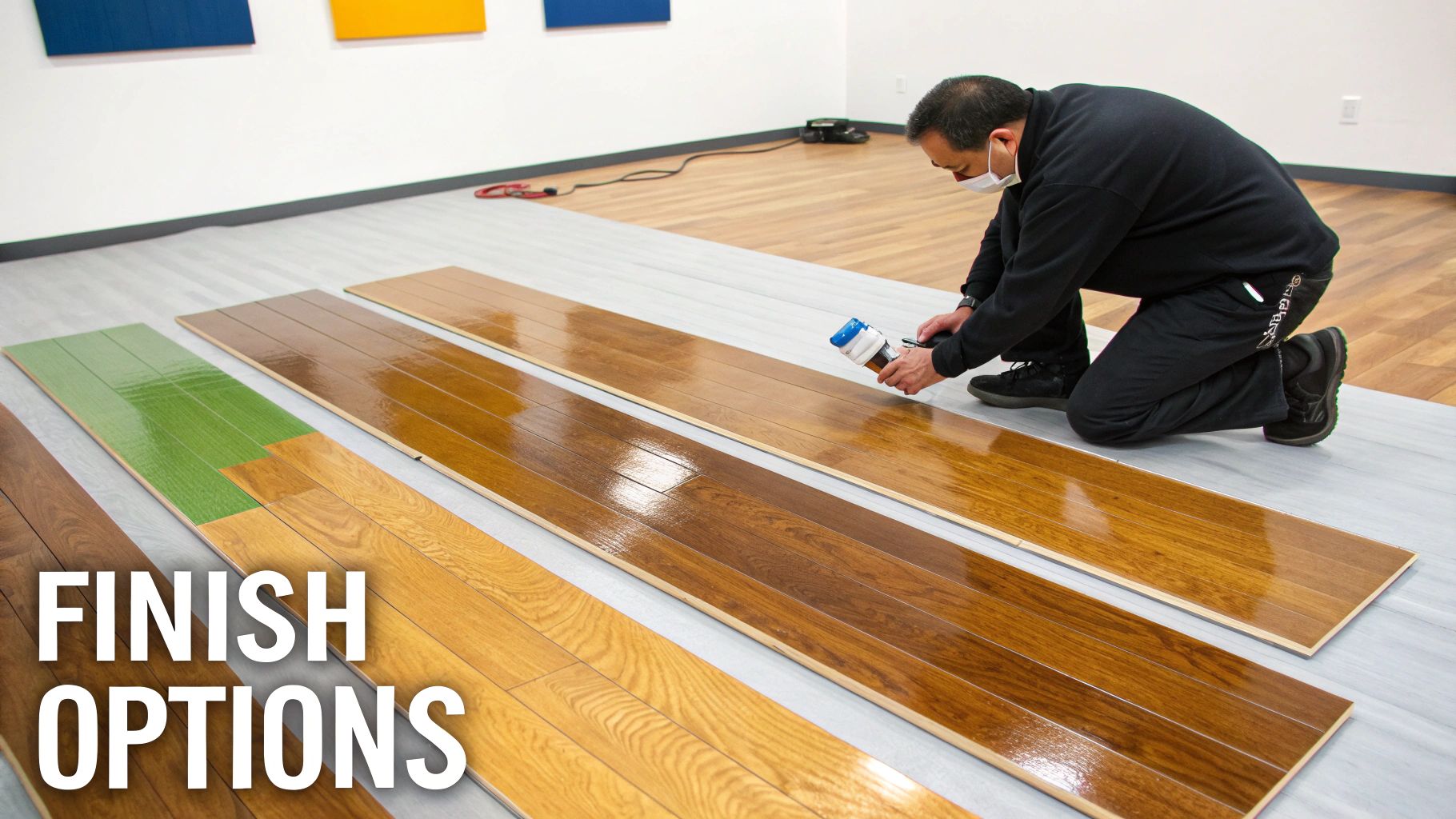 A man in a mask applies wood finish to a board, demonstrating various floor finish options.