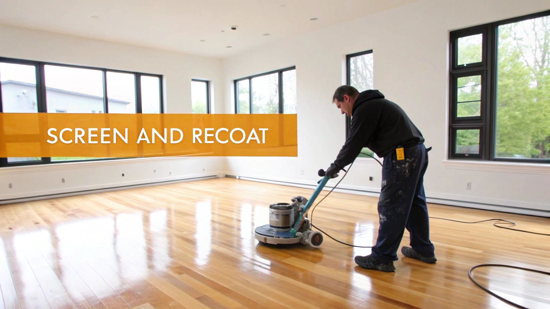 A worker using a floor buffer to screen and recoat shiny hardwood floors in a bright, empty room.