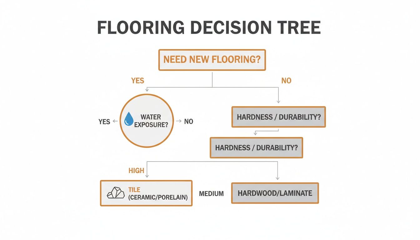 A flooring decision tree flowchart helps choose between tile, hardwood, or laminate based on water exposure and durability.