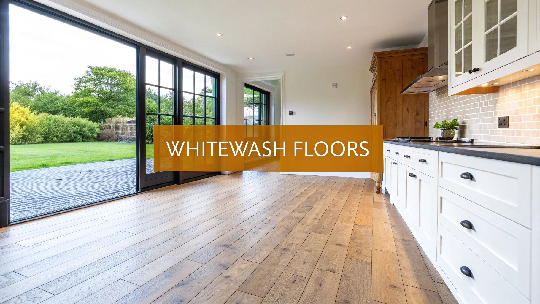 A bright, open-plan kitchen and living space featuring whitewashed oak floors and large glass doors to a garden.
