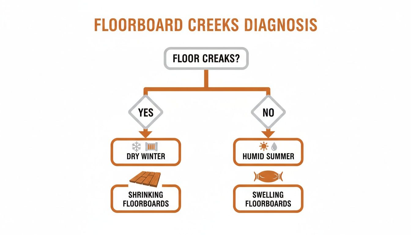 Flowchart diagnosing floor creaks, showing shrinking floorboards in dry winter and swelling in humid summer.