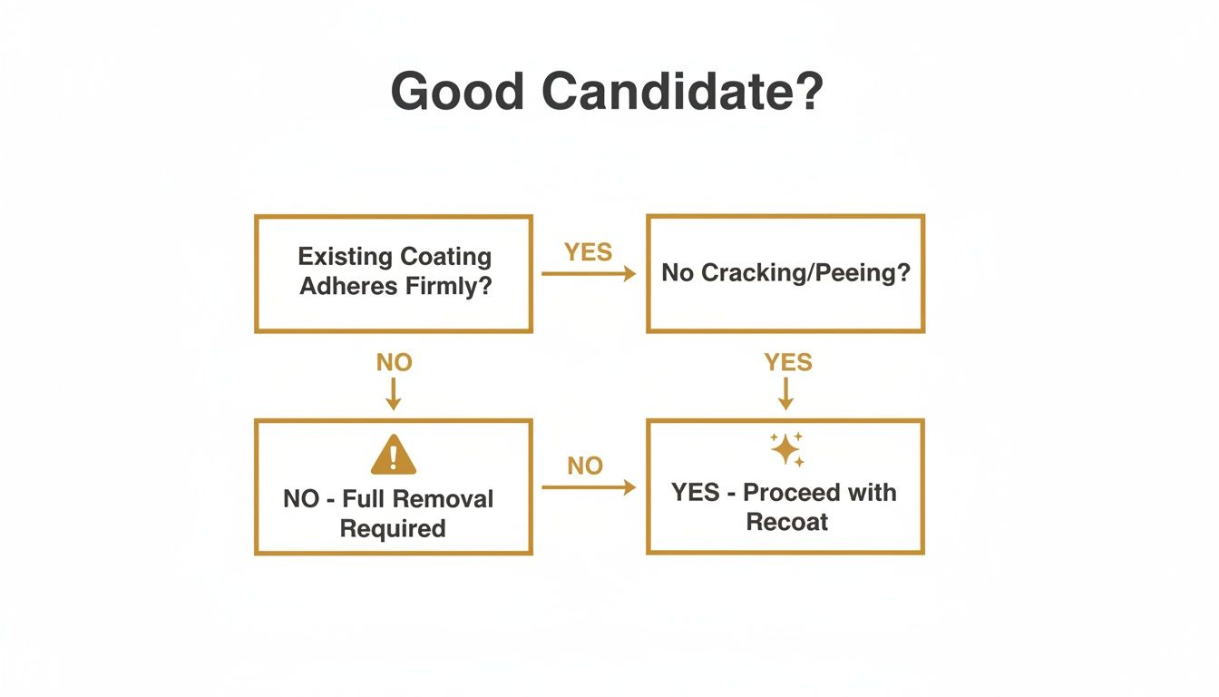 Flowchart determining if an existing coating is a good candidate for recoating based on adhesion and condition.
