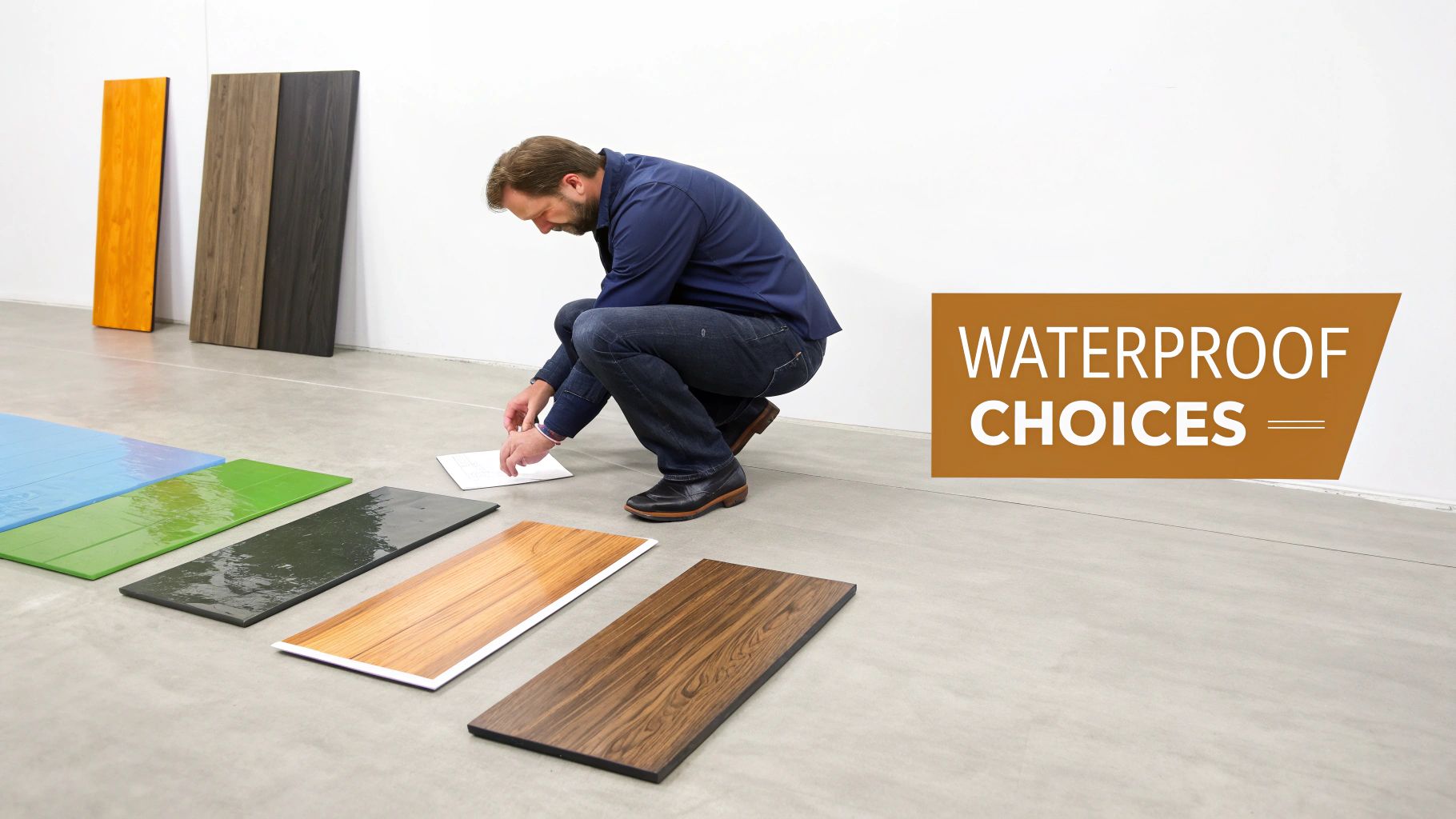 A man inspects various waterproof flooring samples, including wood-look and colorful options.