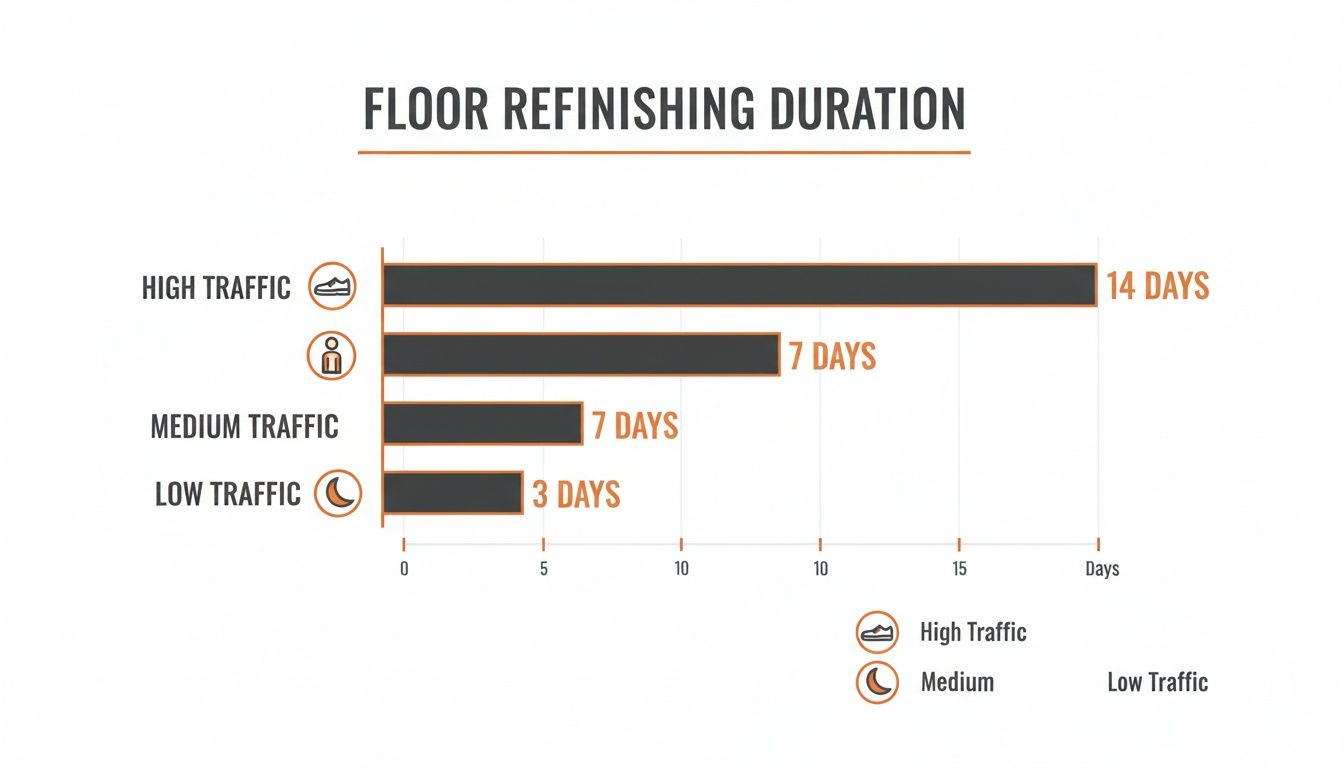 Bar chart illustrating floor refinishing duration: 14 days for high traffic, 7 for medium, and 3 for low traffic.