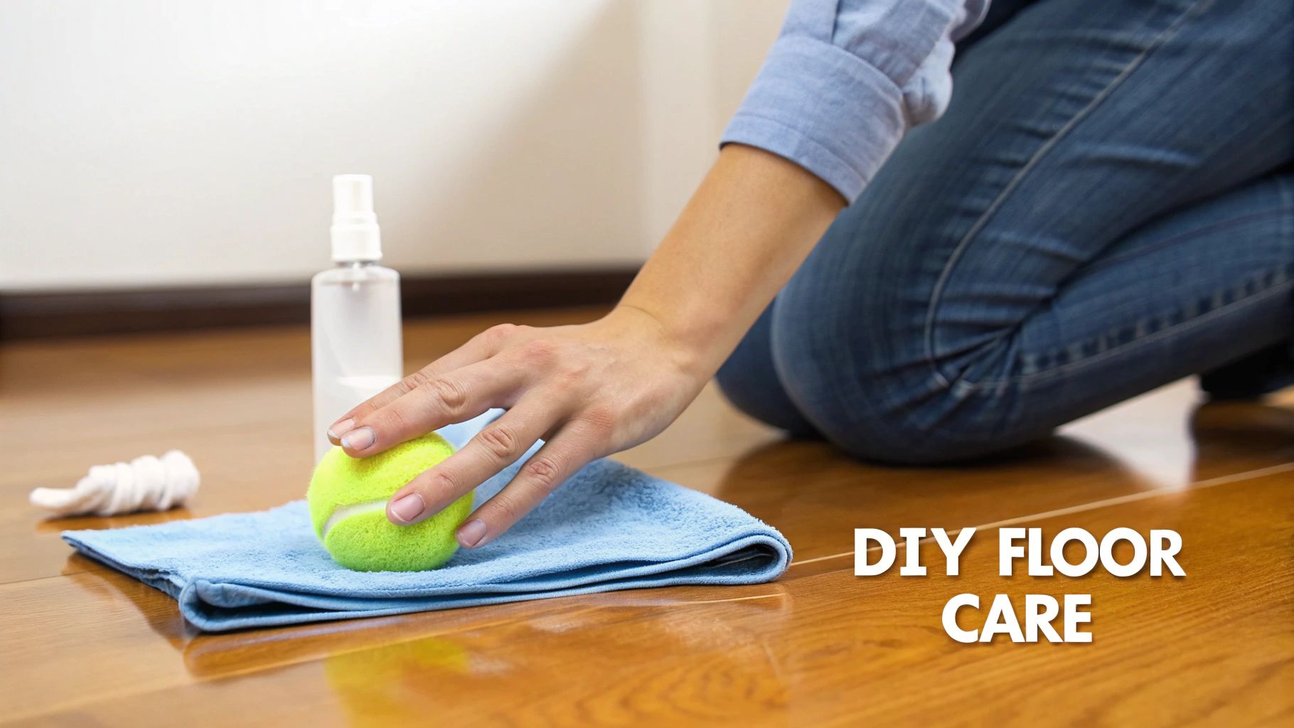 A person kneels on a wooden floor, preparing to clean with a tennis ball, spray bottle, and blue cloth for DIY floor care.