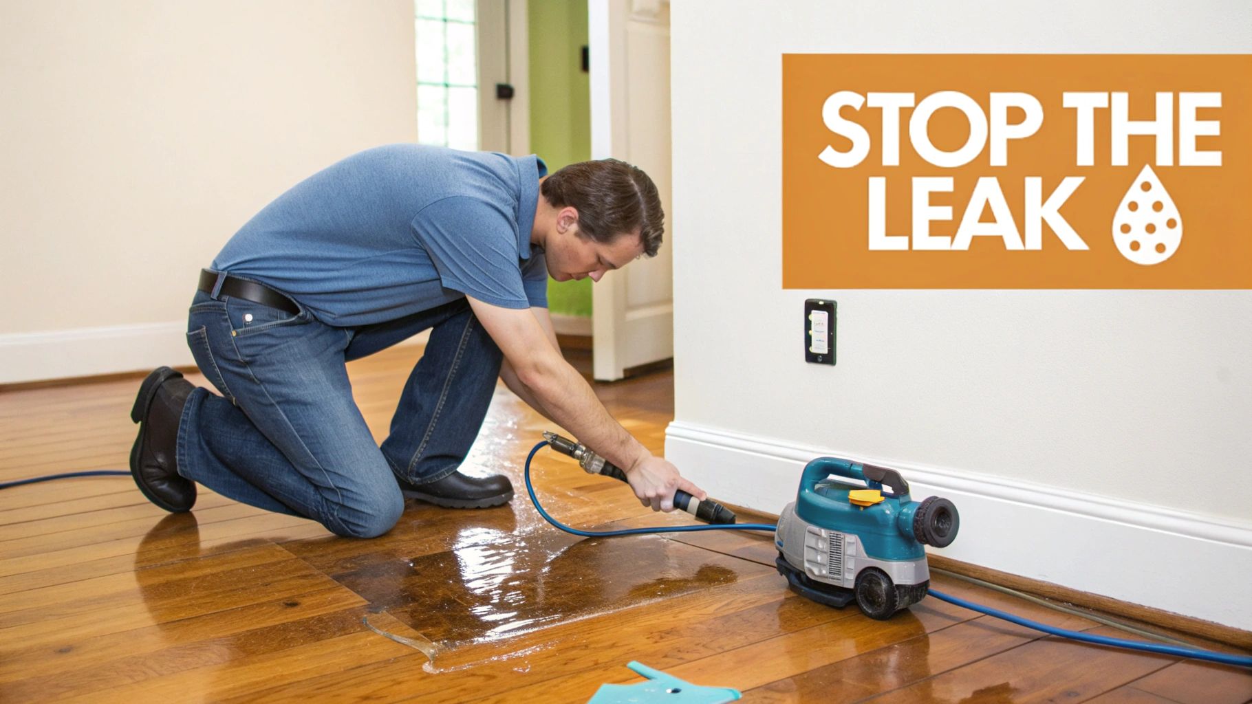 A man kneels on a hardwood floor, using a water extractor to clean up a leak.