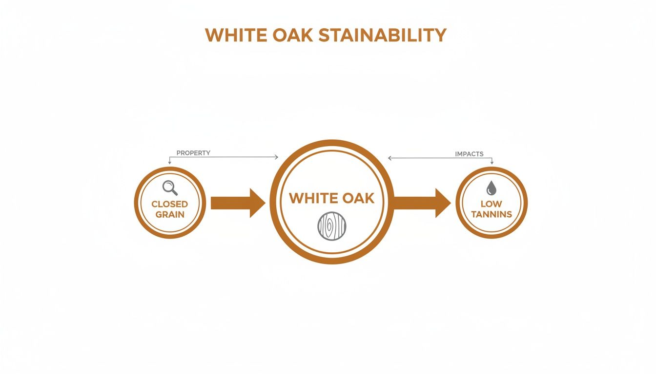 A diagram illustrating white oak stainability, showing closed grain as a property and low tannins as an impact.