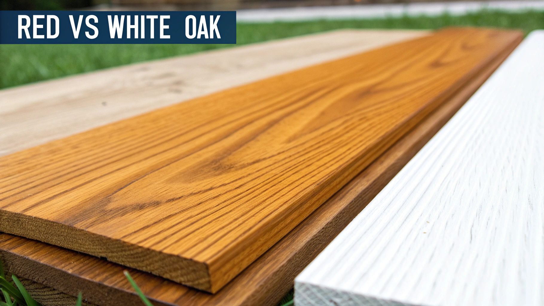 Three oak wood boards, natural, stained, and white, showcasing red vs white oak comparison.
