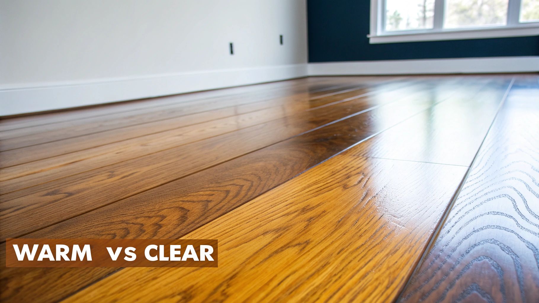 Hardwood floor demonstrating two polyurethane finishes: one warm, one clear, in a room setting.