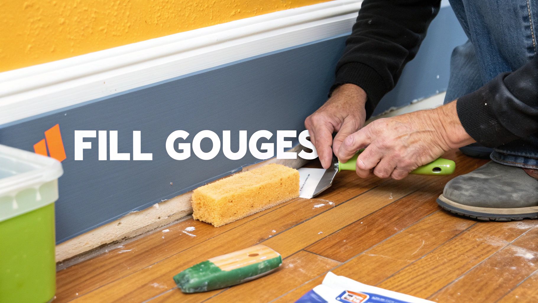 Close-up of a person filling gouges between a blue baseboard and a wooden floor with a putty knife and filler.