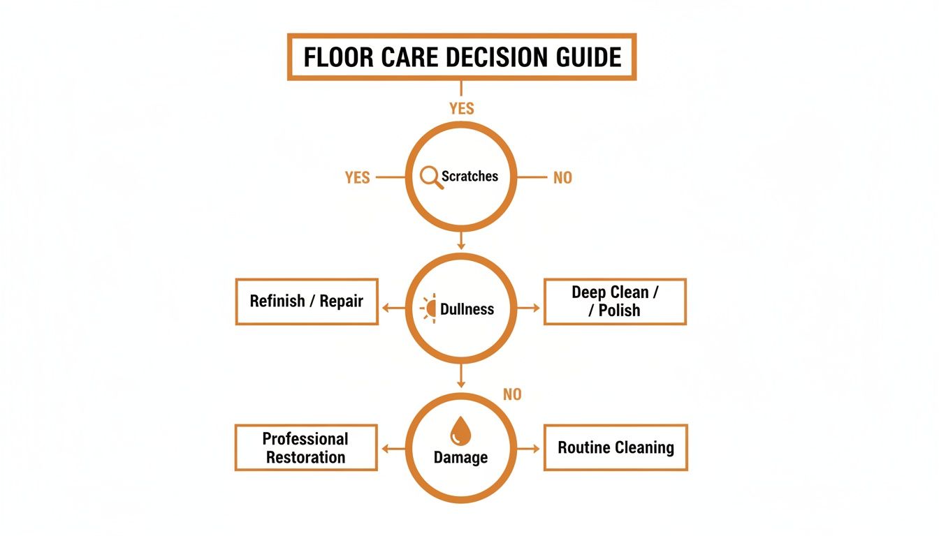 A flowchart titled "Floor Care Decision Guide" outlining steps for addressing scratches, dullness, and damage.