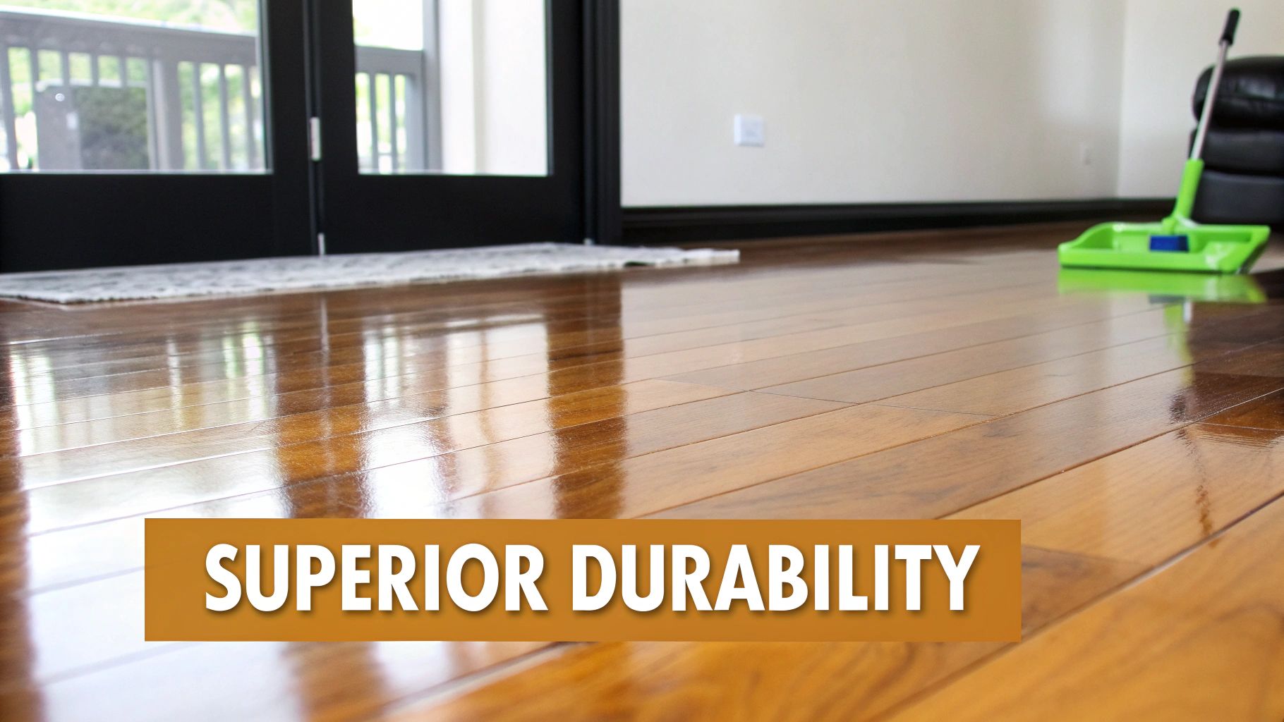Close-up of a highly polished, light brown hardwood floor with reflections, featuring the text 'SUPERIOR DURABILITY'.