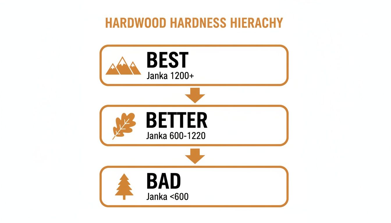 Infographic displaying hardwood hardness hierarchy by Janka rating: Best (1200+), Better (600-1220), and Bad (<600).