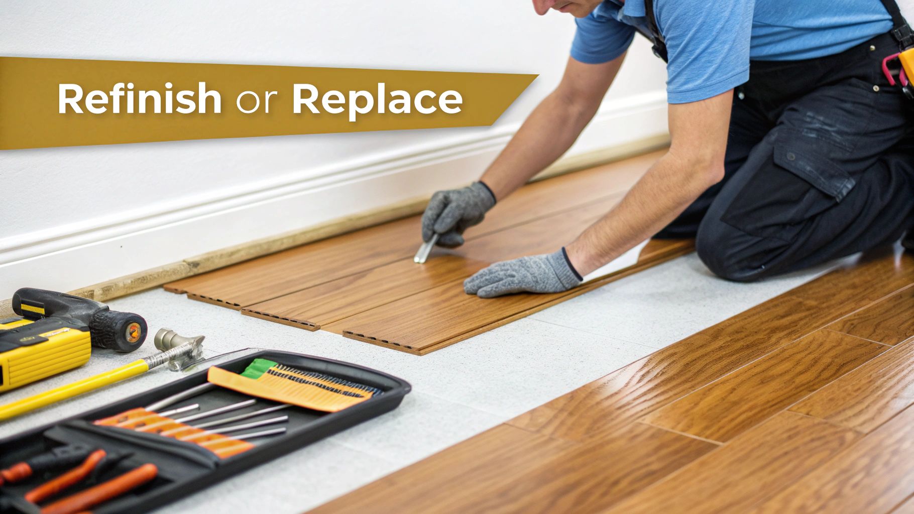 A person kneeling, installing wooden laminate flooring with tools nearby. A banner asks 'Refinish or Replace'.
