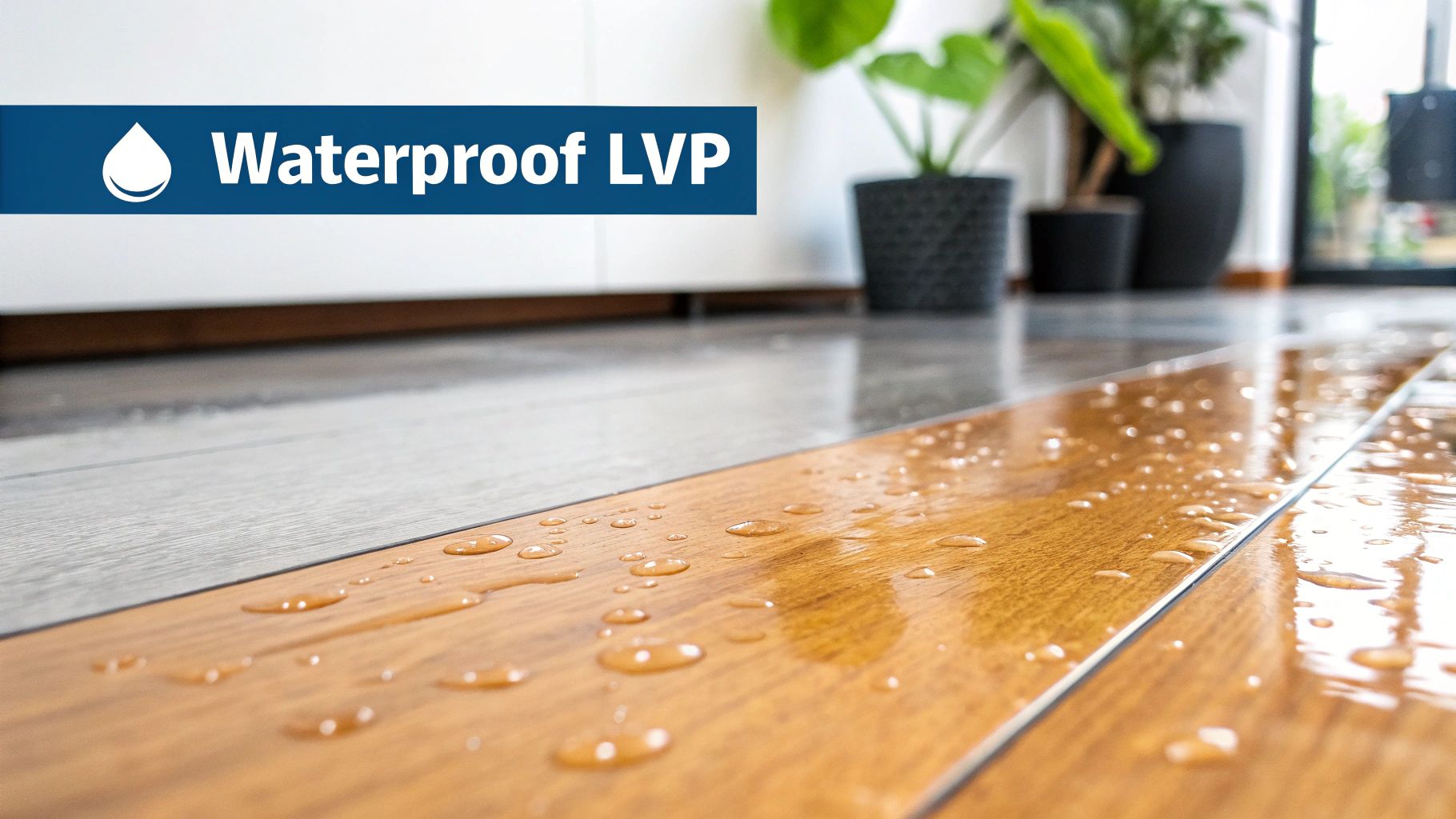Close-up of waterproof LVP flooring with water droplets, featuring wood and grey planks.