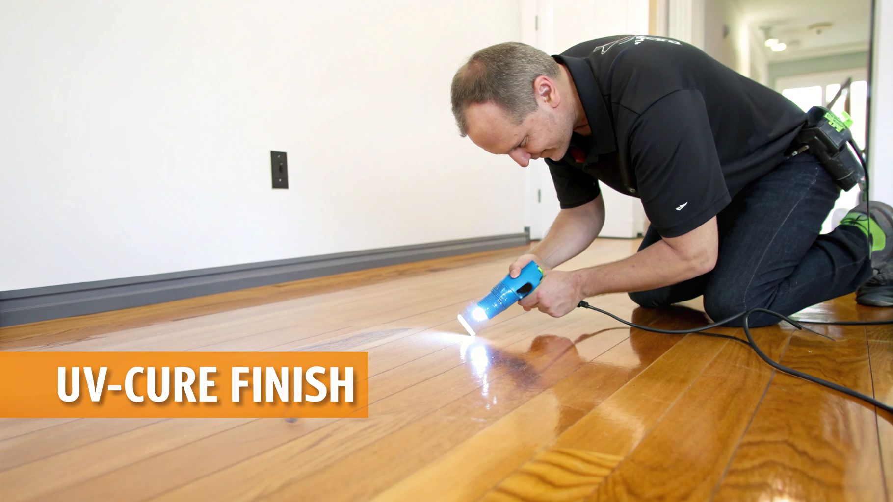 A man kneels on a shiny wooden floor, applying a UV-cure finish with a blue light device.
